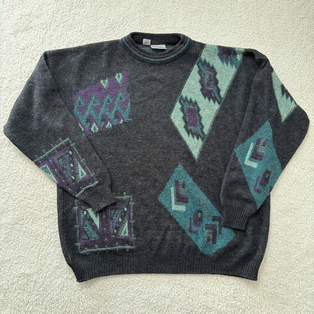 Vintage Cambio Italia Geometric Wool Crewneck Sweater Made In Italy L XL 80s 90s